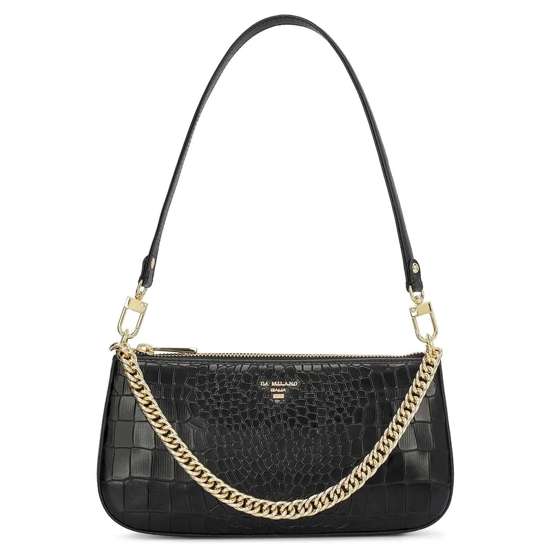 Da Milano Small Croco Leather Baguette - Black